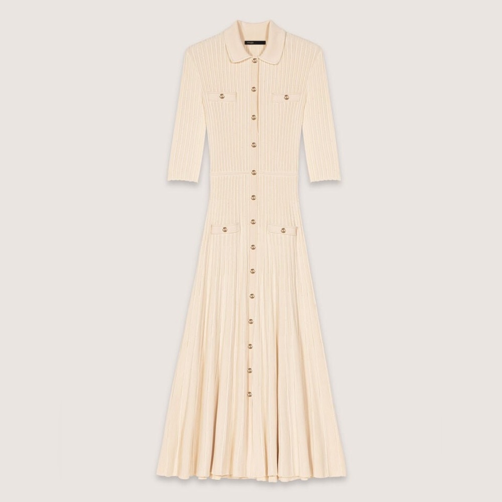Maje Cream Long Sleeve Button-Front Dress